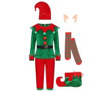 Yruioon 7 pezzi, costume da self di Natale, per bambini, Babbo Natale, piccolo aiutante, costume da elfo, costume di Natale, abbigliamento natalizio, colore verde 110-116