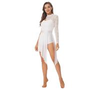 Yruioon Abito da donna per pattinaggio artistico, con una spalla, a maniche lunghe, abito da ballo, in pizzo, bianco, XL