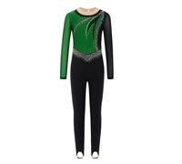Yruioon Bambina Divisa Ginnastica Lampeggiante Divisa Ginnastica Maniche Lunghe Pattinaggio Artistico Body Completa Tuta Competizione Costume Danza Verde scuro 9-10 anni