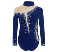 Yruioon Body da ginnastica da bambina, con brillantini, a maniche lunghe, con strass, lucido, per pattinaggio artistico, per lo sport, per la concorrenza, blu navy, 122-128