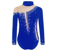 Yruioon Body da ginnastica da bambina, con brillantini, a maniche lunghe, con strass, lucido, per pattinaggio artistico, per lo sport, per la concorrenza, blu reale, 134-140