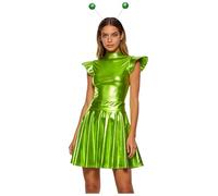 Yruioon Costume Alien Donna Vestito Space Girl Costume Astronauta Luniverso Overall Metallico Con Gonna E Nastro Il Capello Vestito Halloween Carnevale E Festa Verde fluorescente L