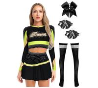 Yruioon Costume da cheer leader da donna, a maniche lunghe, con minigonna + pompon + fascia per capelli, da cheerleading, uniforme, da ballo, giallo fluorescente, M