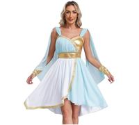 Yruioon Costume da dea greca da donna, senza maniche, elegante abito metallico Toga, vestito romano, costume per Halloween, carnevale, azzurro, M
