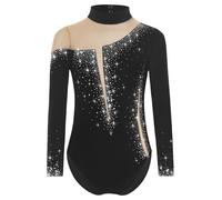 Yruioon Costume da ginnastica per ragazze con maniche lunghe, brillanti, per pattinaggio su ghiaccio, body, tuta sportiva, costume da competizione per la danza, A nero, 134 cm-140 cm