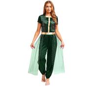 Yruioon Costume Danza Orientale Donna Costume Principessa Araba Jumpsuit Metallizzato Abito Danza Indiano Abito Festa Carnevale Verde 3XL
