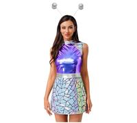 Yruioon Vestito Alien Dame Costume Astronauta Delluniverso Con Nastro I Capelli Vestito Bambina Spaziale Minivestito Metallico Halloween Carnevale Festa Blu S