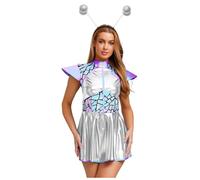 Yruioon Vestito Alien Dame Costume Astronauta Delluniverso Con Nastro I Capelli Vestito Bambina Spaziale Minivestito Metallico Halloween Carnevale Festa Argento XL