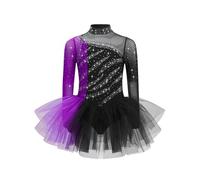 Yruioon Vestito da pattinaggio artistico, da bambina, con brillantini, a maniche lunghe, tutù, ballerina, latina, da ballo, concorso, costume da ballo, nero/lilla, 122-128 cm