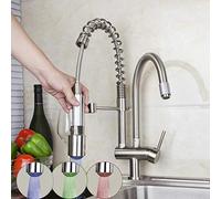 YRYRYW Brushed Nickel Faucets Solid Brass Pull out Spray LED with 3 Color Deck Mounted Kitchen Faucet 360 Swivel Tap Household faucets
