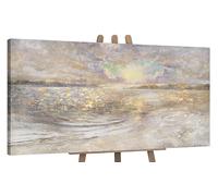 YS -Art Astratto paesaggio marino dipinto a mano Alba sul mare Opera d'arte moderna con texture oro beige blu colore Decorazione murale 40x20 pollici