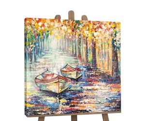 YS-Art Dipinti a mano divertenti uccelli Molo d'autunno Moderni per le luminose e colorate barche paesaggio autunnale Arte murale 90x90 cm