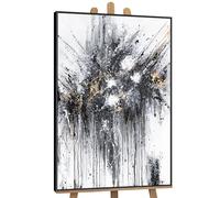 YS-Art Dipinto Acrilico Astratto in Bianco e Nero su Tela con Cornice Danza di Schizzi Quadro da Parete Dipinto a Mano Soggiorno Arredamento Moderno per la casa Vere opere d'Arte 120x80 cm
