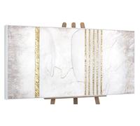 YS-Art Quadro Astratto Bianco e Oro con Linee Geometriche, Arte Moderna Minimalista Dipinta a Mano 140x70 cm