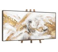 YS-Art Quadro Astratto Oro Beige Bianco con Texture Fluide Moderne Dipinto a Mano su Tela Materica 200x100 cm