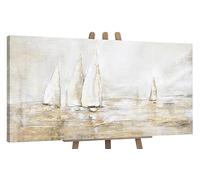 YS-Art Quadro Dipinto a Mano - Barca a Vela Beige Oro, Mare e Marina su Tela, Decorazione Parete Costiera Elegante per Soggiorno Moderno 120x60 cm