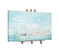 YS-Art Quadro Dipinto a Mano - Barca a Vela Celeste, Mare e Marina su Tela, Decorazione Parete Costiera per Soggiorno e Camera da Letto 120x80 cm