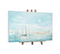 YS-Art Quadro Dipinto a Mano - Barca a Vela Celeste, Mare e Marina su Tela, Decorazione Parete Costiera per Soggiorno e Camera da Letto 140x100 cm