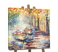 YS-Art Quadro Dipinto a Mano - Barche Giallo Blu sul Lago, Paesaggio