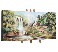 YS-Art Quadro Dipinto a Mano - Montagna e Cascata con Baita, Paesaggio di