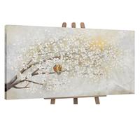 YS-Art Quadro Dipinto a Mano Originale - Albero in Fiore con Uccelli Bianco Beige Oro, Acrilico Materico su Tela, Arredamento Moderno 140x70 cm