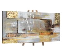 YS-Art Quadro Dipinto a Mano Originale - Astratto Geometrico Beige Oro Marrone, Acrilico Materico su Tela, Arredamento Moderno 120x60 cm