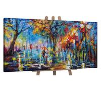 YS-Art Quadro Dipinto a Mano Originale - Scena della Città sotto la Pioggia Colorata con Coppia e Ombrello, Decorazione da Parete per Casa e Ufficio 140x70 cm