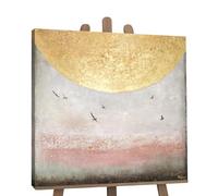 YS-Art Quadro Dipinto a Mano - Sole Dorato con Uccelli, Paesaggio