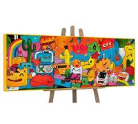 YS Quadro con cornice realizzato a mano Un mondo colorato figure astratte colorate di persone su sfondo scuro Arte murale 150x50 cm