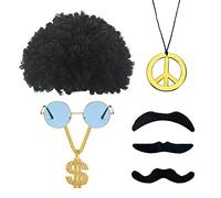 YSDYY 7 accessori hippie, parrucca afro tonda montatura oro occhiali baffi collana della pace e collana dollaro, accessori di abbigliamento vintage hippie anni '70.