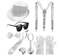 YSJCHEBS 1 Cappello, 1 Paio di Guanti, 1 Pallina Argentata, 1 Cravatta, 1 Papillon, 1 Anello E 1 Bretella, Accessori Abbigliamento Lucidi, Accessori Feste, Accessori Vintage