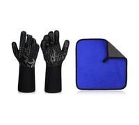 YSJCHEBS 1 Paio di Guanti da Forno Neri, 1 Canovaccio, Guanti da Forno in Silicone Antiscivolo, Guanti da Griglia Resistenti al Calore, Guanti Protettivi per La Cucina