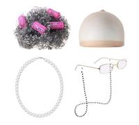 YSJCHEBS 1 Parrucca, 1 Parrucca, Cappello A Rete, 1 Occhiali con Catena, 1 Collana E 4 Bigodini, Set Costume da Vecchia Signora, Oggetti di Scena Cosplay