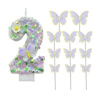 YSJCHEBS 1 Pezzo di Candela con Fiore Farfalla E 11 Pezzi di Decorazione A Farfalla, Candela Numero 2, Inserto per Decorazione Torta, Decorazione Torta per Ragazza, Decorazione da Forno