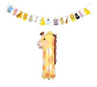 YSJCHEBS 1 Pezzo di Palloncino Giraffa Numero 1, 1 Pezzo di Striscione con Animali dei Cartoni Animati, Palloncino di Compleanno per Bambini, Decorazione della Giungla per La Camera dei Bambini
