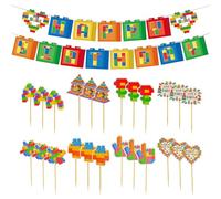 YSJCHEBS 24 Mattoncini da Costruzione, 1 Bandiera di Buon Compleanno, Decorazione Creativa per Torta con Mattoncini, Topper per Torta, Decorazione per Festa di Compleanno per Bambini
