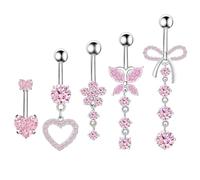 YSJCHEBS Confezione da 5 Piercing per Ombelico in Zirconio Rosa, Piercing per Ombelico, Barra per Addominoplastica A Farfalla, Barra Rosa per Ombelico, Anello per Ombelico Sospeso