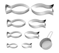 YSJCHEBS Set di 9 formine per biscotti a forma di pesce, in argento, con colino per zucchero a velo