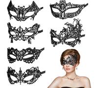 Ysmorla 6 Maschere Pizzo Nero, Maschera Carnevale Donna | Maschera effetto pelle nera con orecchie da gatto, borchie argentate e aperture occhi ampie per feste e foto