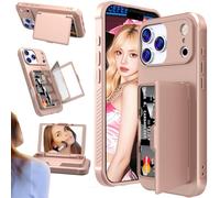 Ysnzaq Cover per iPhone 17 Pro con Slot per Schede, Incorporato con Supporto nascosto e Trucco Specchio, antiurto Custodia Portafoglio copertura protettiva per iPhone 17 Pro GW Rose Gold