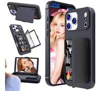 Ysnzaq Cover per iPhone 17 Pro con Slot per Schede, Incorporato con Supporto nascosto e Trucco Specchio, antiurto Custodia Portafoglio copertura protettiva per iPhone 17 Pro GW Black