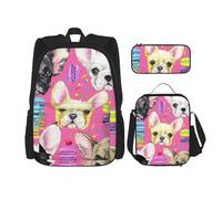 YsoLda Set zaino, borsa per la scuola, zaino, set da 3 pezzi, con borsa per il pranzo, astuccio,Acquerello del cucciolo del bulldog francese