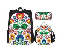 YsoLda Set zaino, borsa per la scuola, zaino, set da 3 pezzi, con borsa per il pranzo, astuccio,Arte popolare polacca floreale