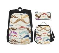 YsoLda Set zaino, borsa per la scuola, zaino, set da 3 pezzi, con borsa per il pranzo, astuccio,Baffi d'epoca