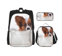 YsoLda Set zaino, borsa per la scuola, zaino, set da 3 pezzi, con borsa per il pranzo, astuccio,Cane Papillon Lanuginoso