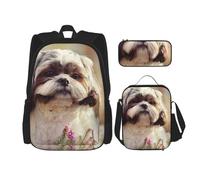 YsoLda Set zaino, borsa per la scuola, zaino, set da 3 pezzi, con borsa per il pranzo, astuccio,Cane Shih Tzu