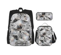 YsoLda Set zaino, borsa per la scuola, zaino, set da 3 pezzi, con borsa per il pranzo, astuccio,Cristallo stile trama diamante