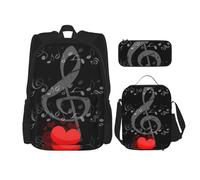 YsoLda Set zaino, borsa per la scuola, zaino, set da 3 pezzi, con borsa per il pranzo, astuccio,Cuore della nota musicale