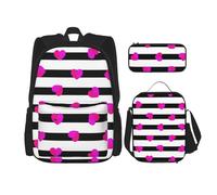 YsoLda Set zaino, borsa per la scuola, zaino, set da 3 pezzi, con borsa per il pranzo, astuccio,Cuore rosa sulla linea nera