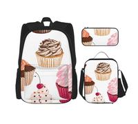 YsoLda Set zaino, borsa per la scuola, zaino, set da 3 pezzi, con borsa per il pranzo, astuccio,Cupcake carini